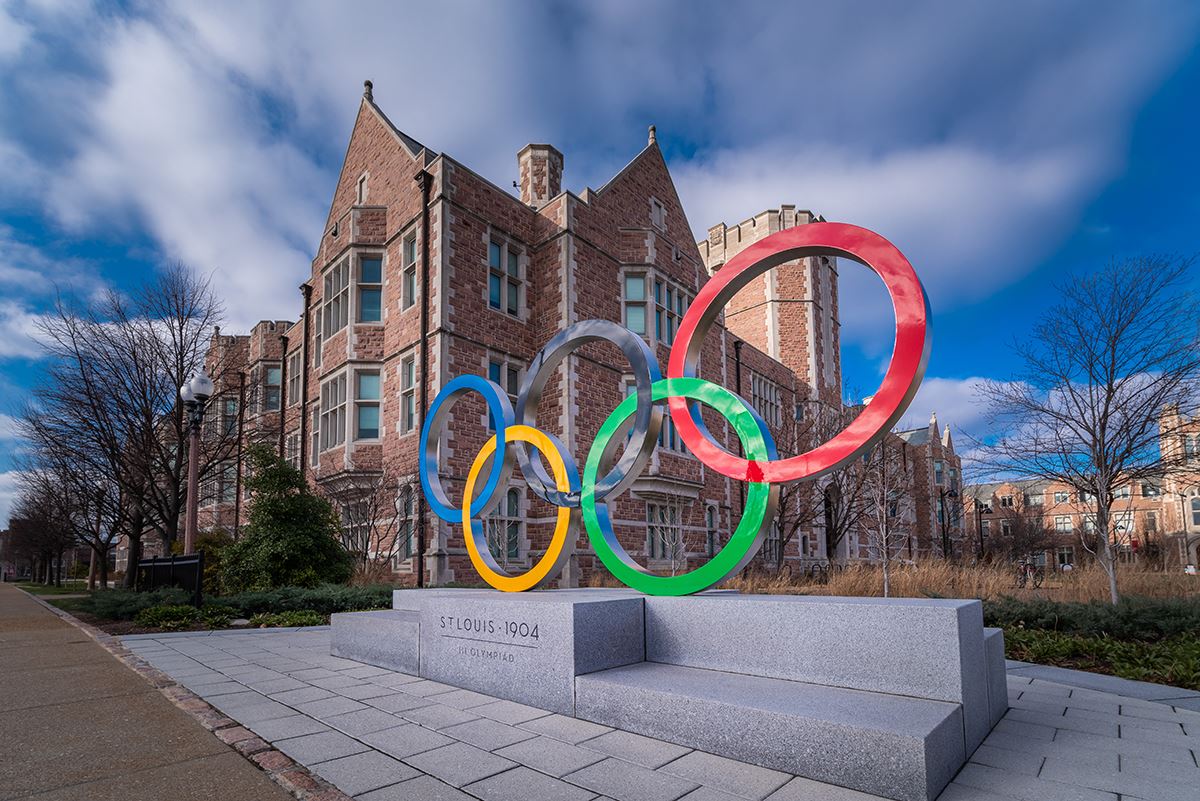 Colorful Olympic ring statue marks the location of the second Olympiad in 1904 that is now Washington University in St. Louis, MO